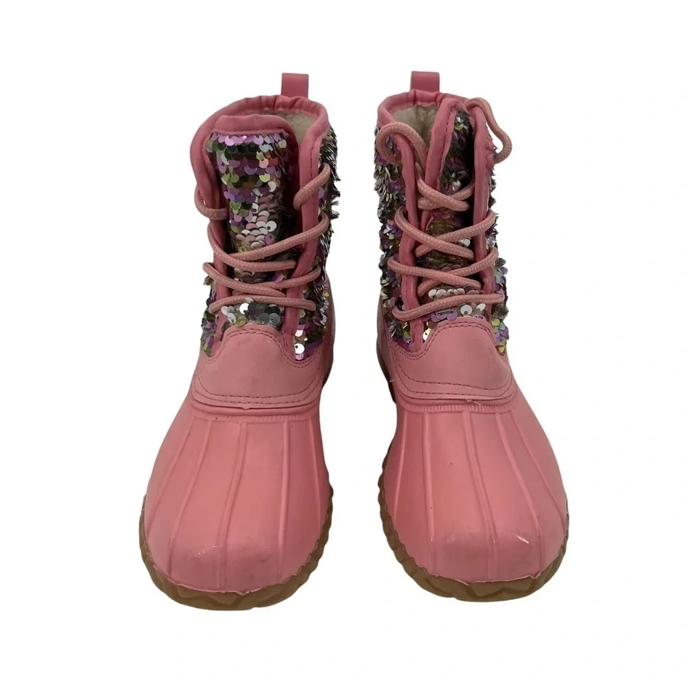 Olivia Miller Pink Sequin Faux Fur Lined Lace Up Boots Size 1 Girl’s